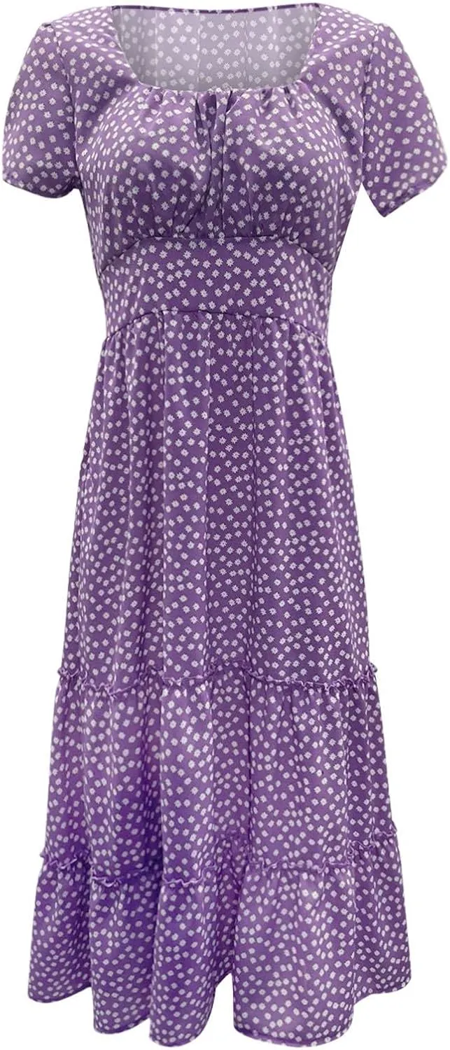 Spring Dresses for Women Floral Maxi Dress Beach Vacation Clothes Short Sleeve Casual Summer Ruffled Flowy Sundresses