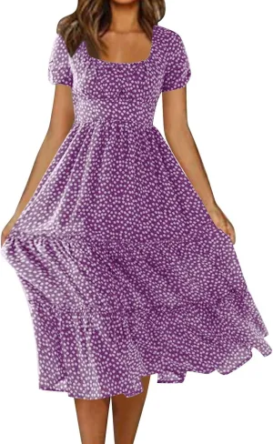 Spring Dresses for Women Floral Maxi Dress Beach Vacation Clothes Short Sleeve Casual Summer Ruffled Flowy Sundresses