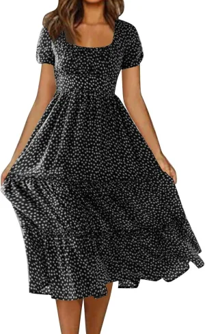 Spring Dresses for Women Floral Maxi Dress Beach Vacation Clothes Short Sleeve Casual Summer Ruffled Flowy Sundresses