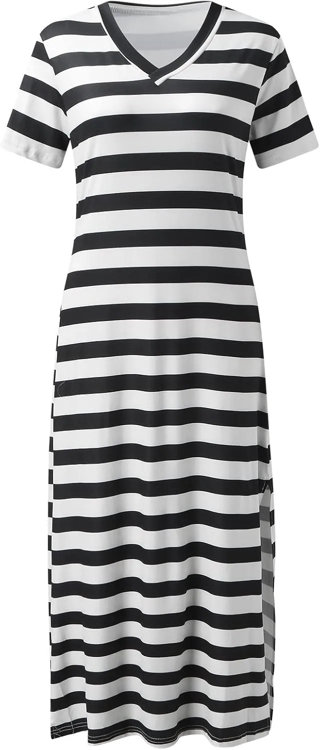 Striped Maxi Dresses for Women 2025 Fashion Color Block Short Sleeve V Neck Casual Dress Gift Spring Sundresses