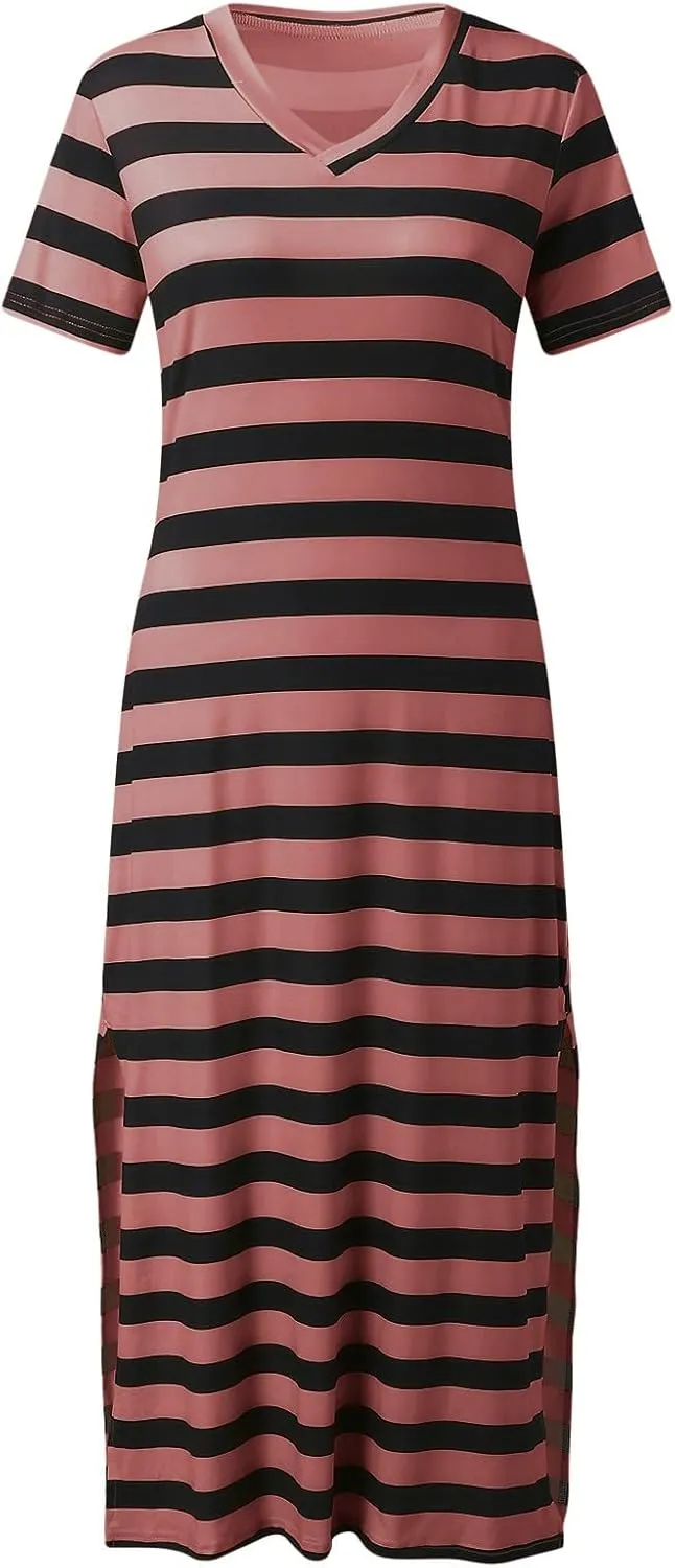 Striped Maxi Dresses for Women 2025 Fashion Color Block Short Sleeve V Neck Casual Dress Gift Spring Sundresses
