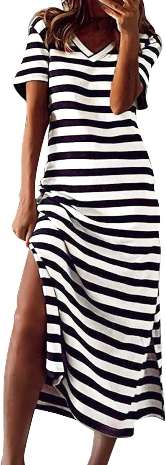 Striped Maxi Dresses for Women 2025 Fashion Color Block Short Sleeve V Neck Casual Dress Gift Spring Sundresses