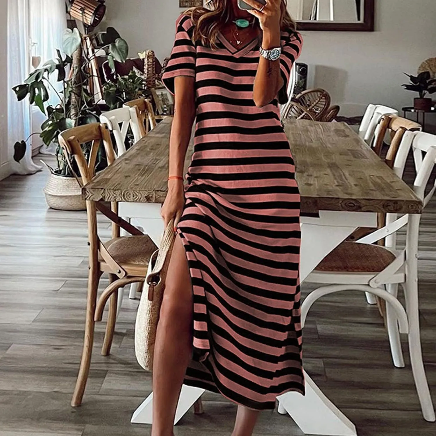 Striped Maxi Dresses for Women 2025 Fashion Color Block Short Sleeve V Neck Casual Dress Gift Spring Sundresses