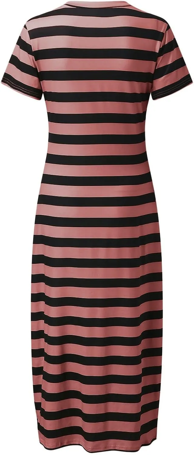Striped Maxi Dresses for Women 2025 Fashion Color Block Short Sleeve V Neck Casual Dress Gift Spring Sundresses