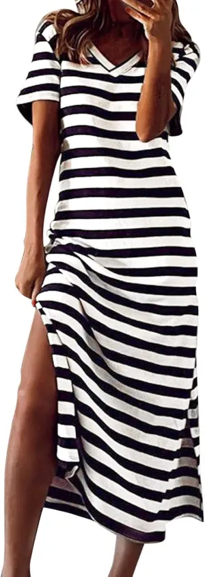 Striped Maxi Dresses for Women 2025 Fashion Color Block Short Sleeve V Neck Casual Dress Gift Spring Sundresses