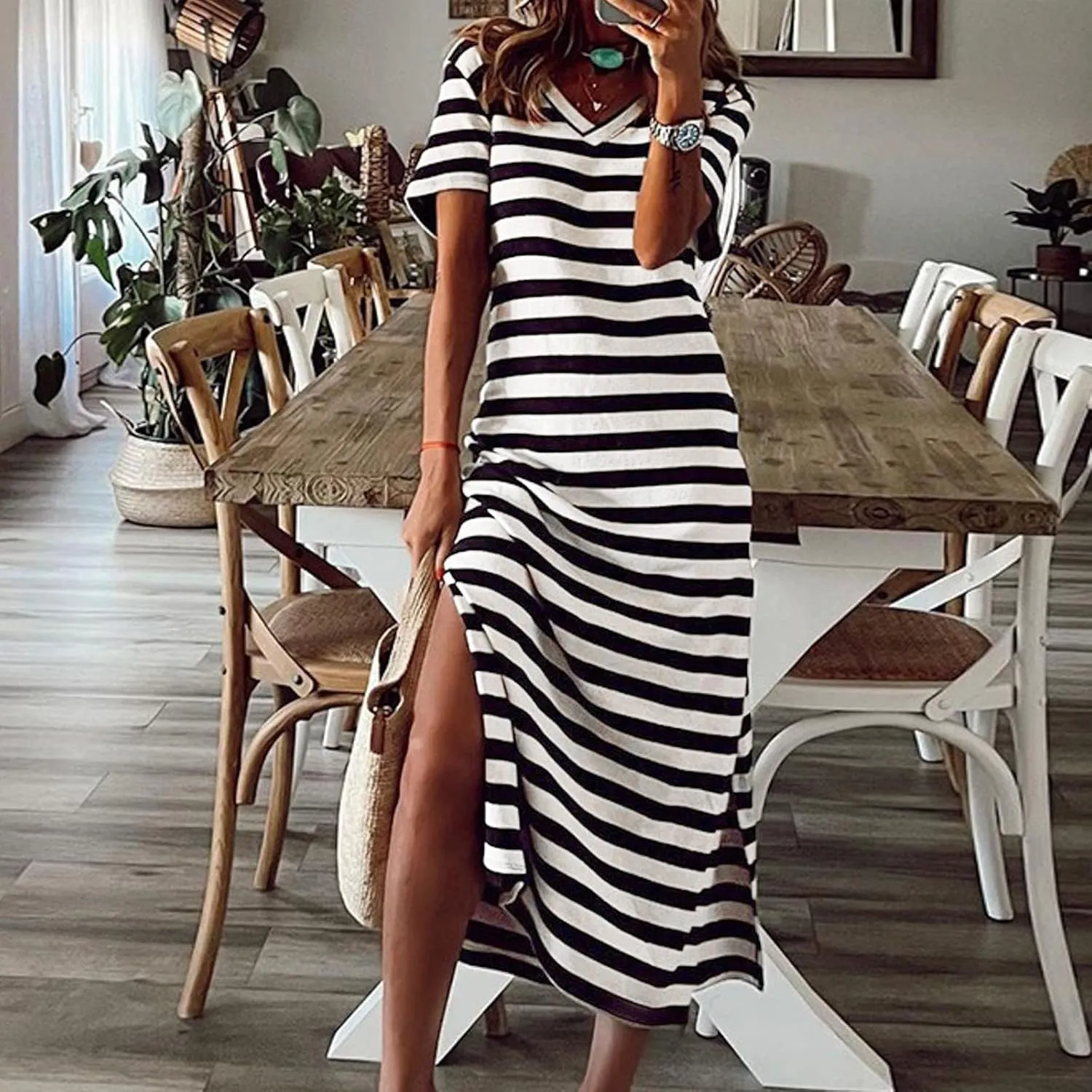 Striped Maxi Dresses for Women 2025 Fashion Color Block Short Sleeve V Neck Casual Dress Gift Spring Sundresses