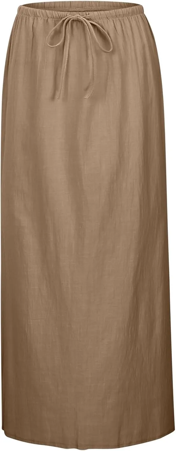 Summer Boho Linen Skirts for Women Casual Loose Maxi Length Drawstring Low Rise A-Line Flowy Long Beach Skirt