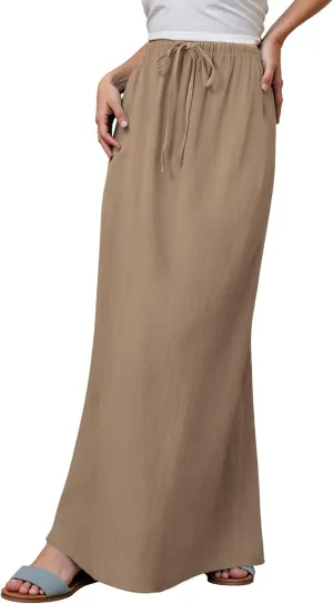 Summer Boho Linen Skirts for Women Casual Loose Maxi Length Drawstring Low Rise A-Line Flowy Long Beach Skirt