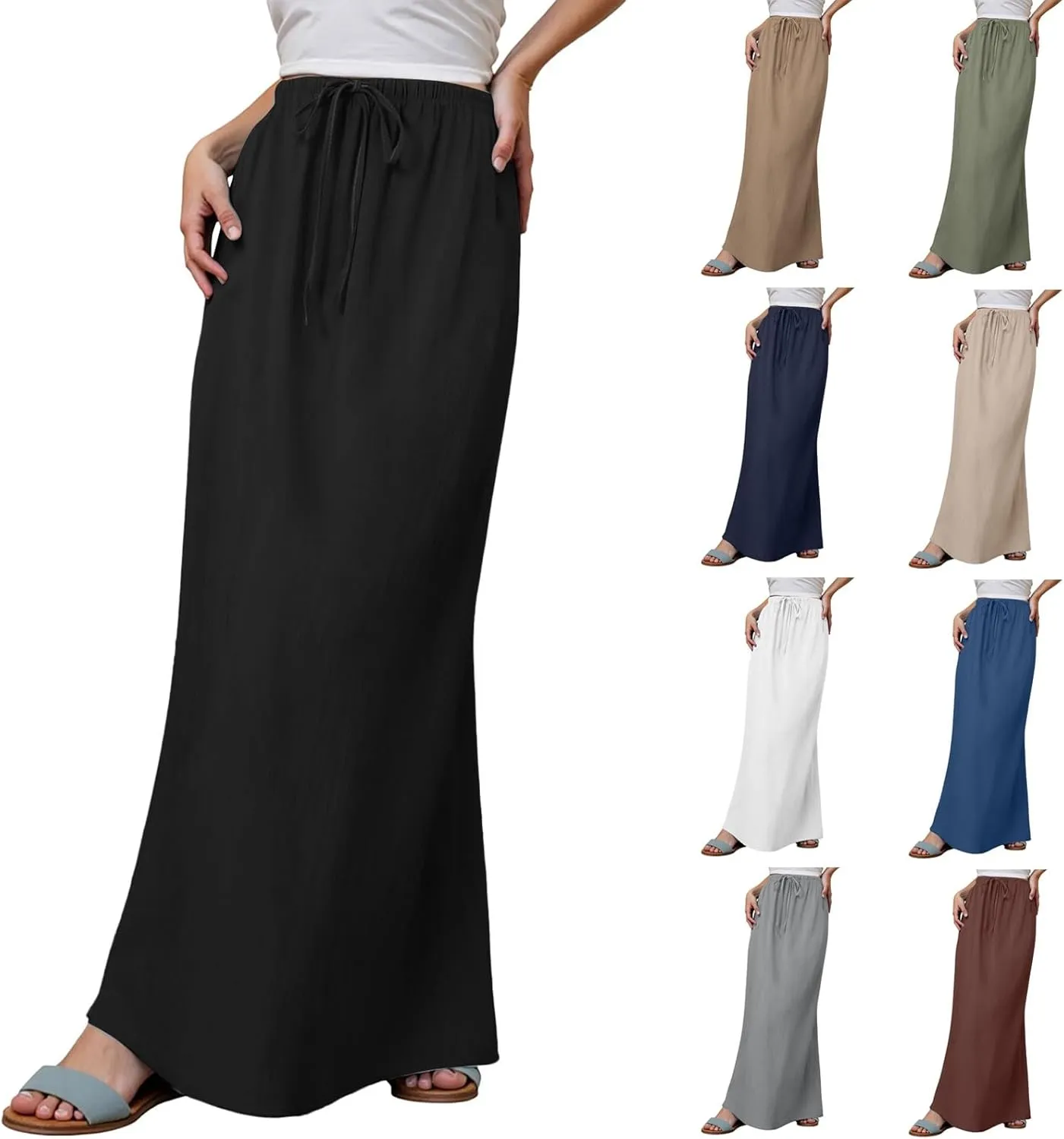 Summer Boho Linen Skirts for Women Casual Loose Maxi Length Drawstring Low Rise A-Line Flowy Long Beach Skirt