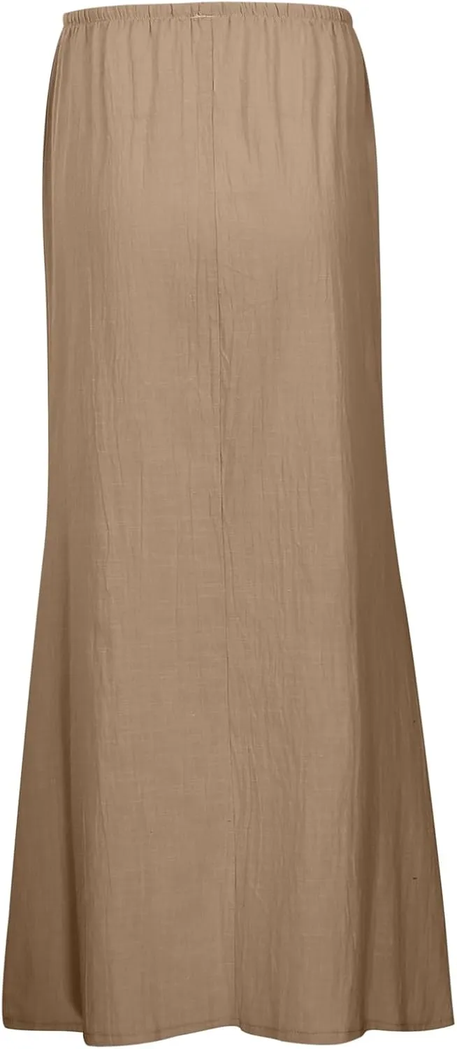 Summer Boho Linen Skirts for Women Casual Loose Maxi Length Drawstring Low Rise A-Line Flowy Long Beach Skirt