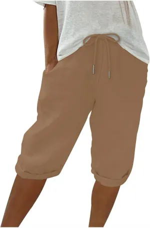 Summer Cotton Linen Pants Women Elastic High Waisted Bermuda Shorts for Women Knee Length Casual Capris Pant Shorts