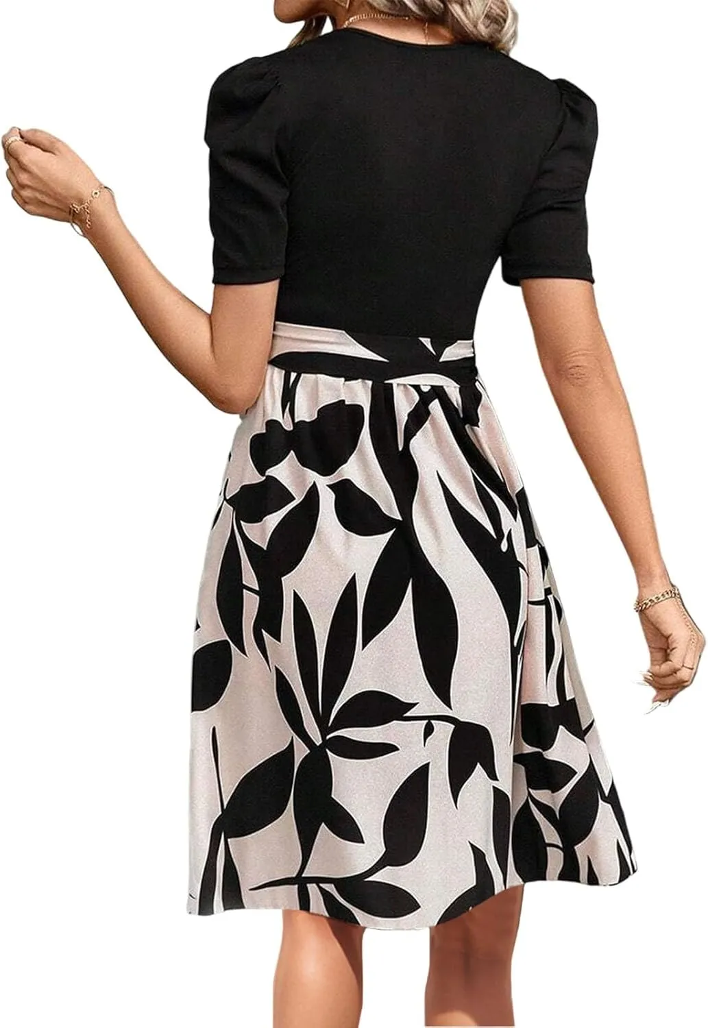 Summer Dress for Women-2025 Elegant Short Sleeve Floral Ruffle Hem Patchwork Midi Dresses Business Casual Work Dress