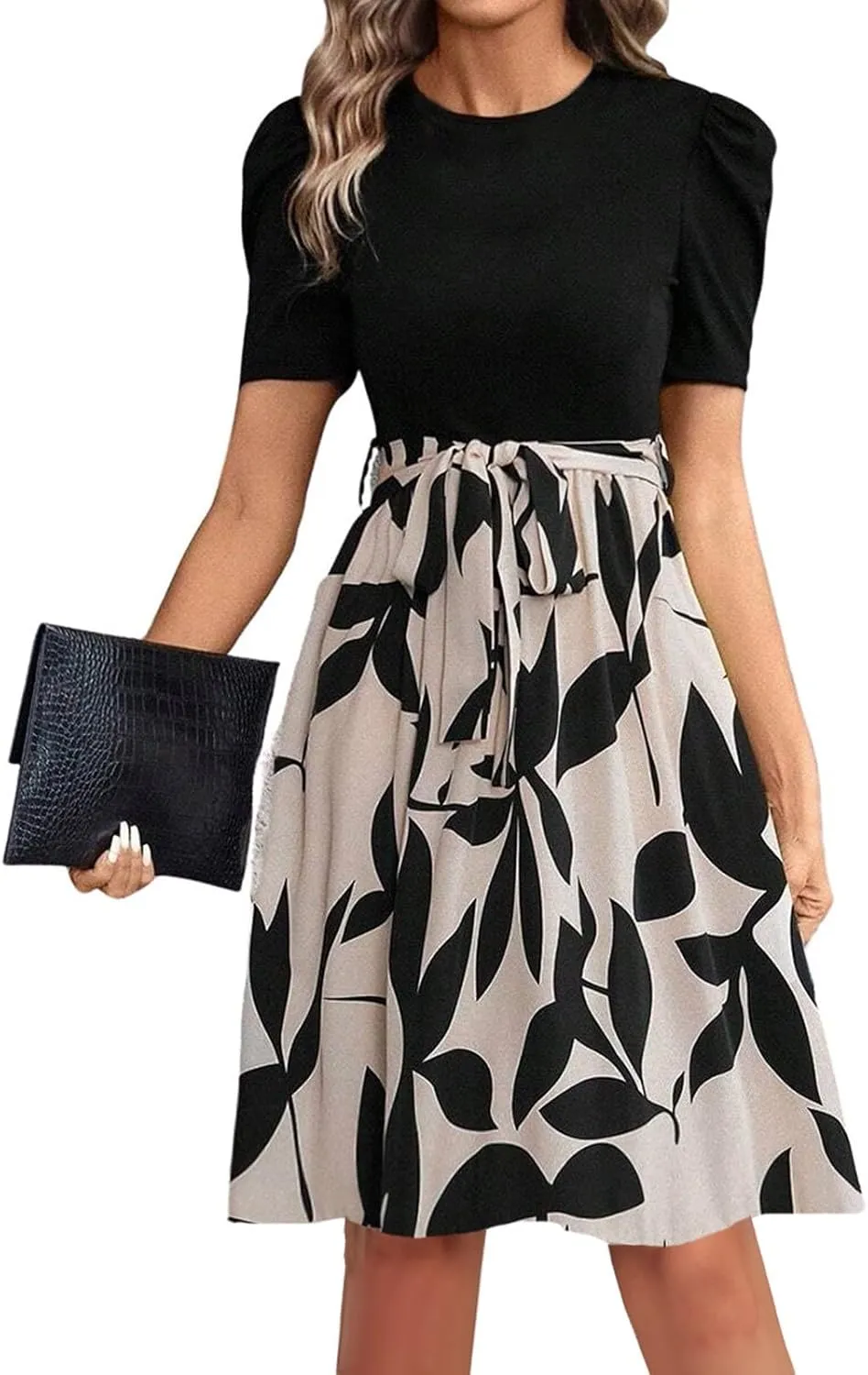 Summer Dress for Women-2025 Elegant Short Sleeve Floral Ruffle Hem Patchwork Midi Dresses Business Casual Work Dress