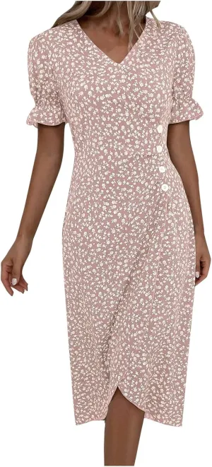 Summer Dresses for Women 2024 V Neck Puff Sleeves Elegant Wrap Midi Dress Boho Flowy Ruched Irregular Hem Beach Dress