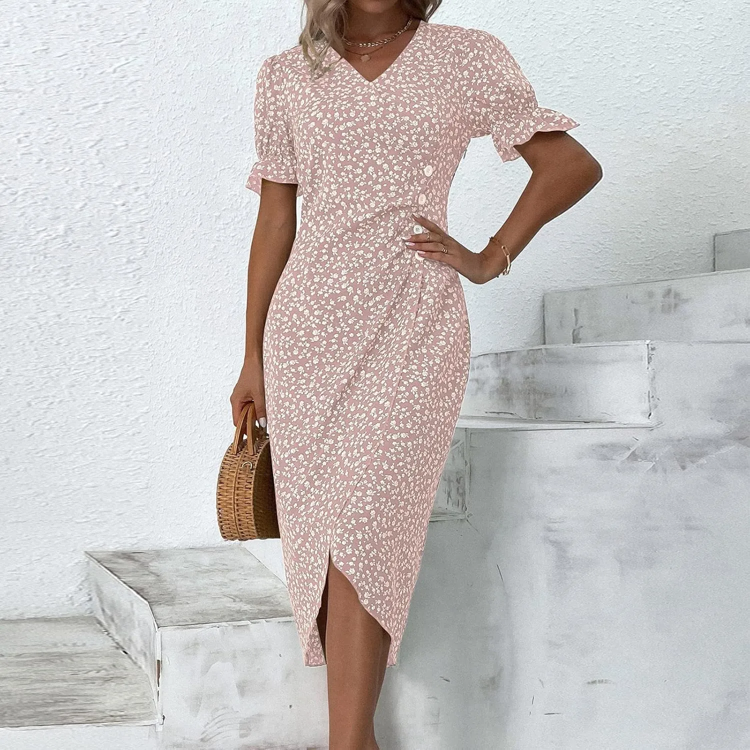 Summer Dresses for Women 2024 V Neck Puff Sleeves Elegant Wrap Midi Dress Boho Flowy Ruched Irregular Hem Beach Dress