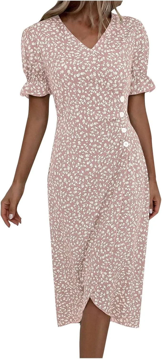 Summer Dresses for Women 2024 V Neck Puff Sleeves Elegant Wrap Midi Dress Boho Flowy Ruched Irregular Hem Beach Dress