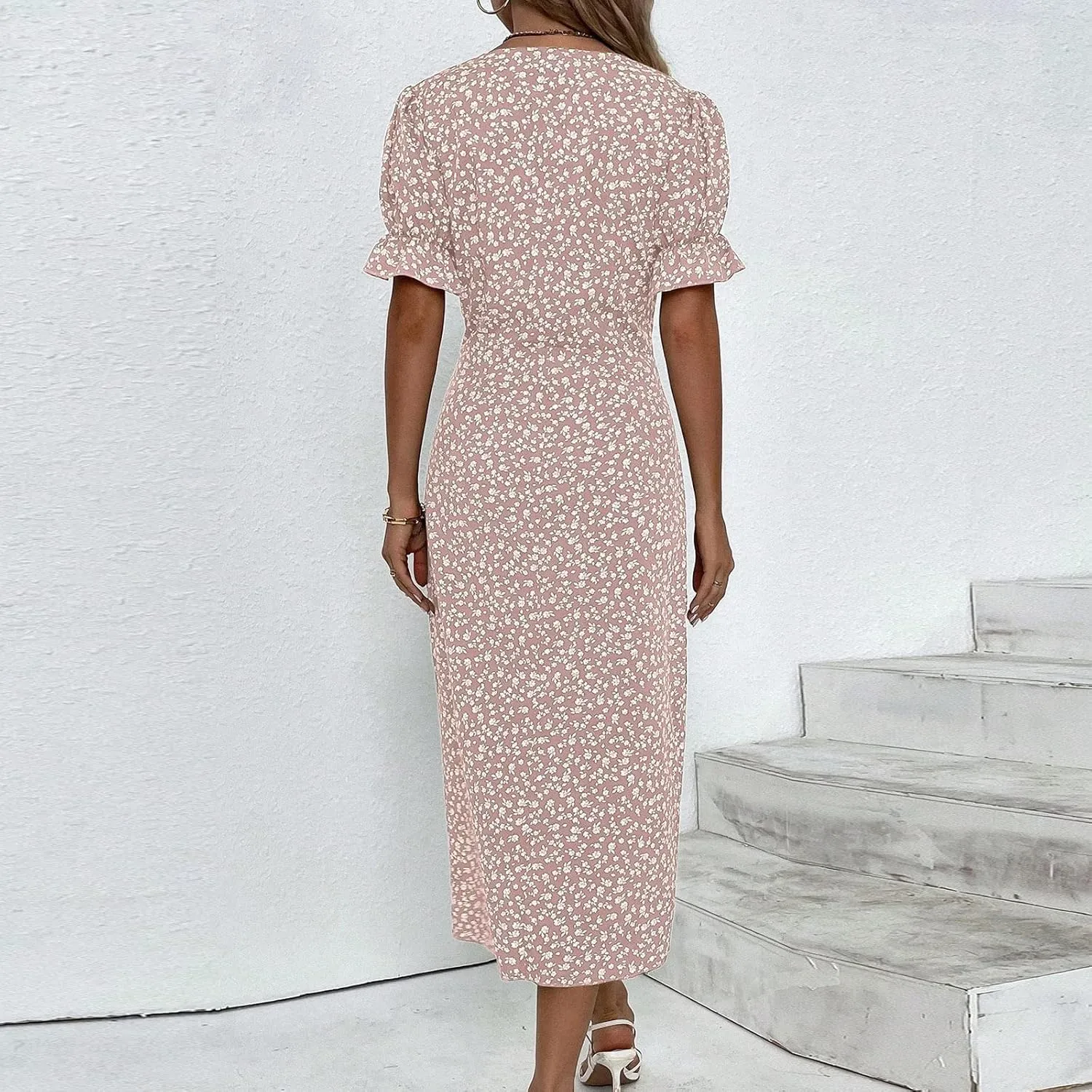 Summer Dresses for Women 2024 V Neck Puff Sleeves Elegant Wrap Midi Dress Boho Flowy Ruched Irregular Hem Beach Dress