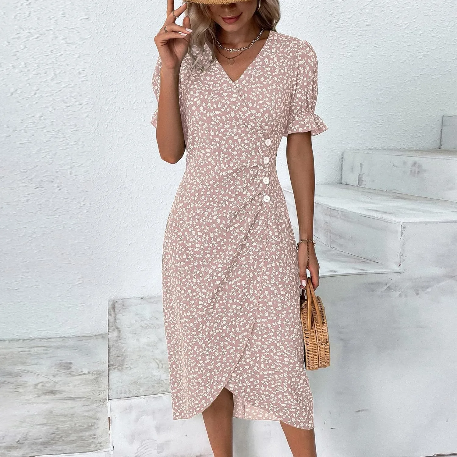 Summer Dresses for Women 2024 V Neck Puff Sleeves Elegant Wrap Midi Dress Boho Flowy Ruched Irregular Hem Beach Dress
