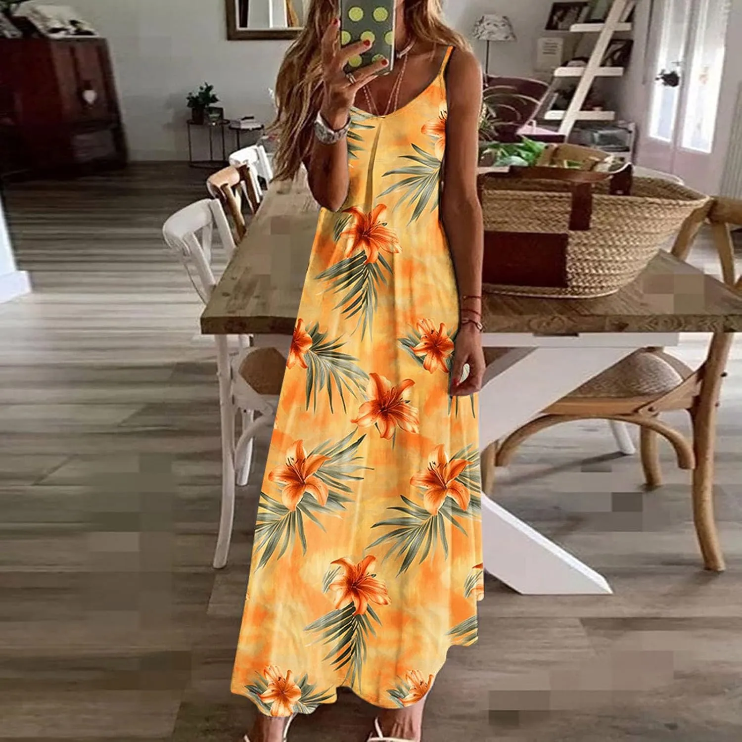 Summer Dresses for Women 2025 Beach Vacation Sleeveless Long Dress Floral Printed V Neck Casual Beach Boho Dress