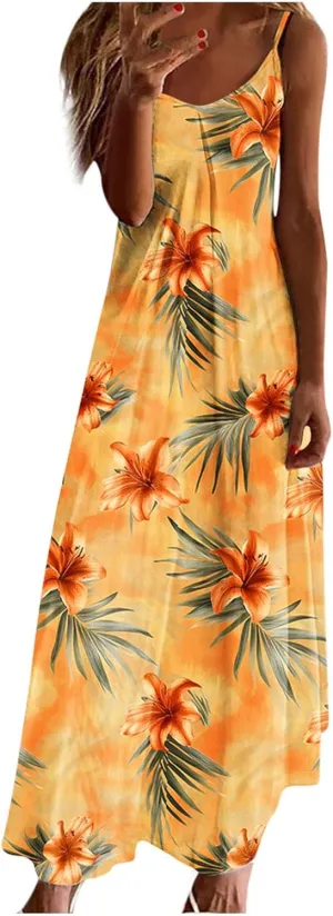 Summer Dresses for Women 2025 Beach Vacation Sleeveless Long Dress Floral Printed V Neck Casual Beach Boho Dress