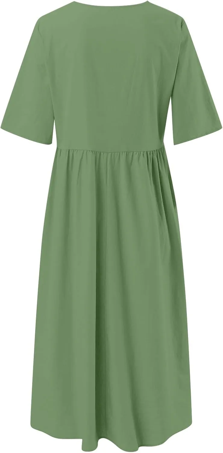 Summer Dresses for Women 2025, Boho Crewneck Solid-Color Midi Tshirt Dress Casual Short Sleeve Summer Beach Dresses