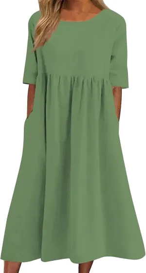 Summer Dresses for Women 2025, Boho Crewneck Solid-Color Midi Tshirt Dress Casual Short Sleeve Summer Beach Dresses