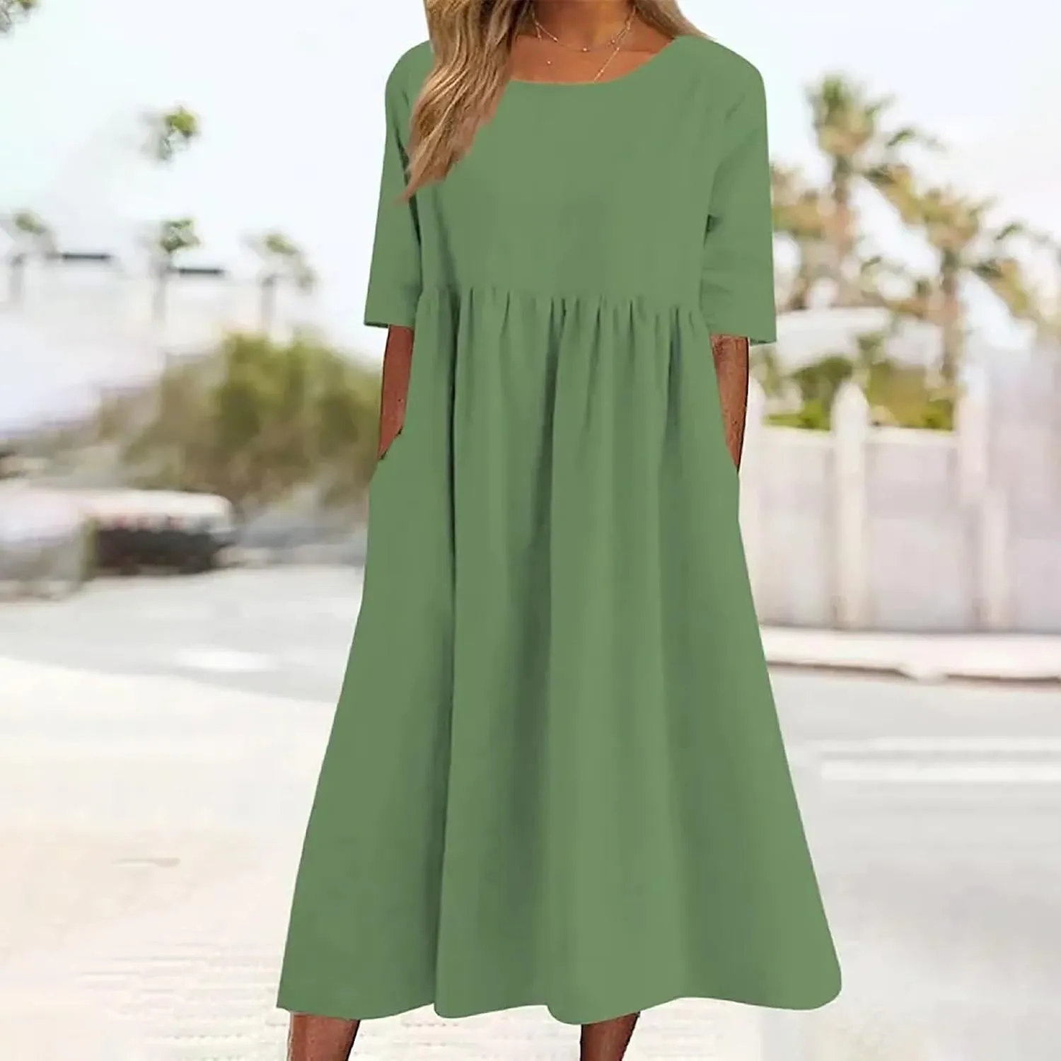 Summer Dresses for Women 2025, Boho Crewneck Solid-Color Midi Tshirt Dress Casual Short Sleeve Summer Beach Dresses
