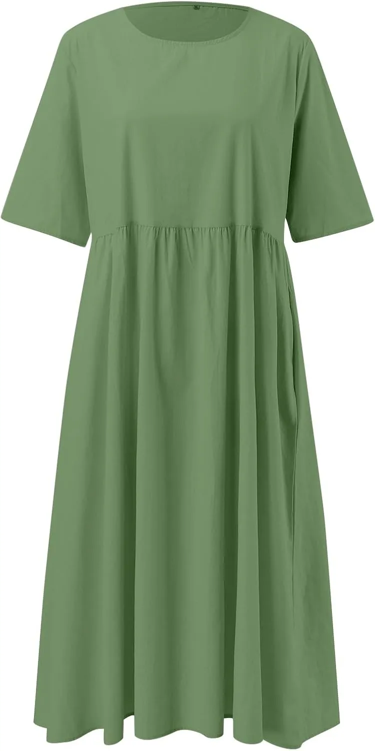 Summer Dresses for Women 2025, Boho Crewneck Solid-Color Midi Tshirt Dress Casual Short Sleeve Summer Beach Dresses