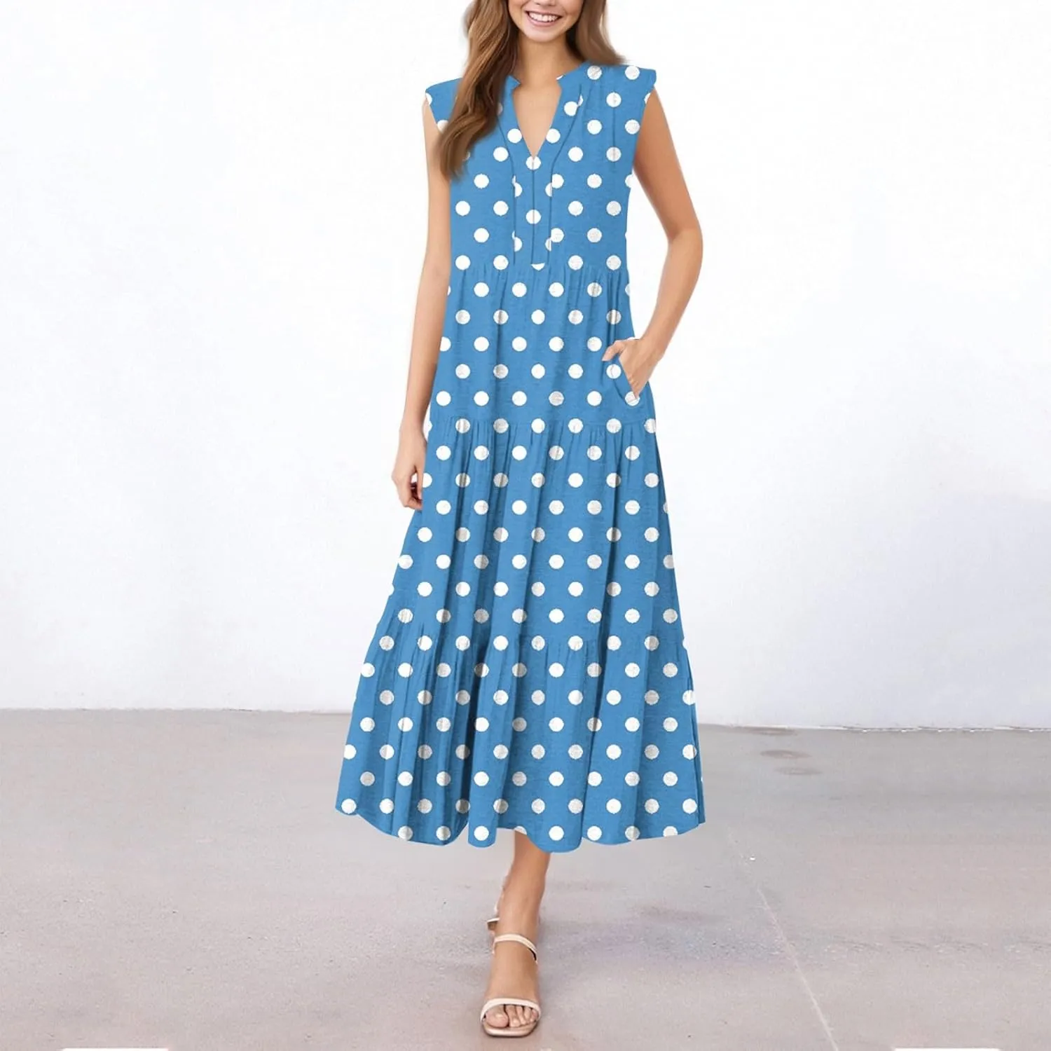 Summer Dresses for Women 2025 Casual A-Line Dress with Pockets Sleeveless V Neck Pleated Sundress Loose T-Shirt Work Dresses