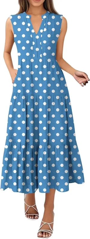 Summer Dresses for Women 2025 Casual A-Line Dress with Pockets Sleeveless V Neck Pleated Sundress Loose T-Shirt Work Dresses