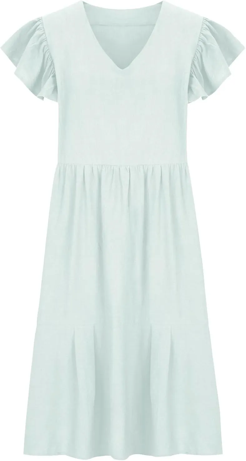 Summer Dresses for Women 2025 Casual Ruffled Short Sleeves V-Neck Dresses Swing Flowy Beach Vacation Sundress