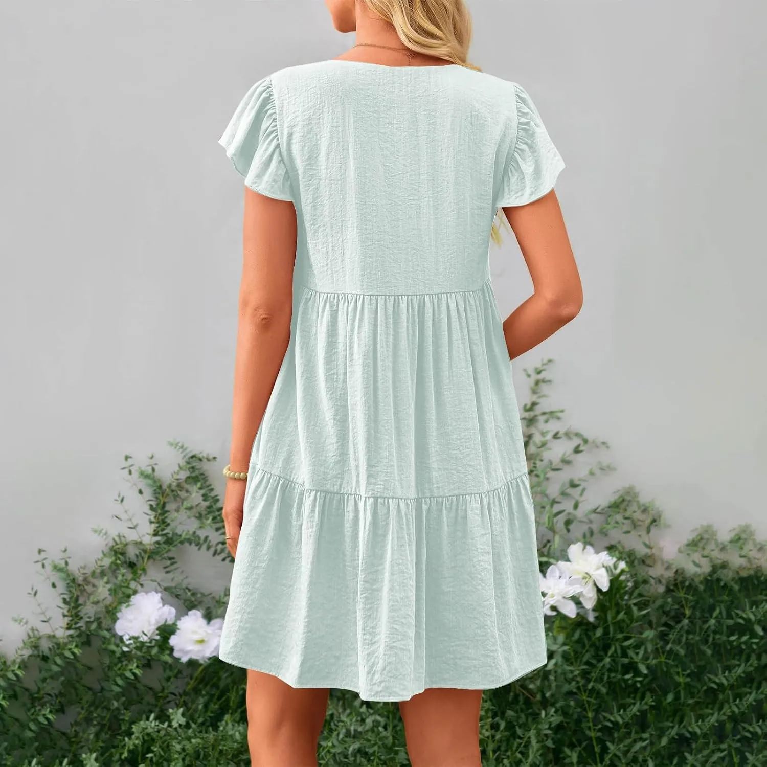 Summer Dresses for Women 2025 Casual Ruffled Short Sleeves V-Neck Dresses Swing Flowy Beach Vacation Sundress