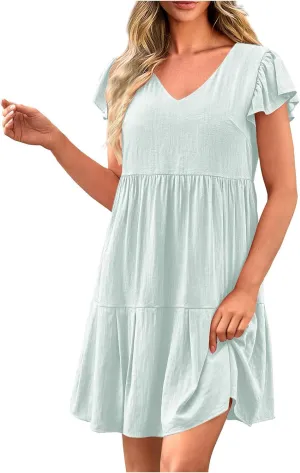 Summer Dresses for Women 2025 Casual Ruffled Short Sleeves V-Neck Dresses Swing Flowy Beach Vacation Sundress