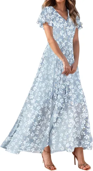 Summer Dresses for Women 2025,Wedding Guest Flowy Women's Casual Dresses Semi Formal Floral Maxi Dress Short Sleeve