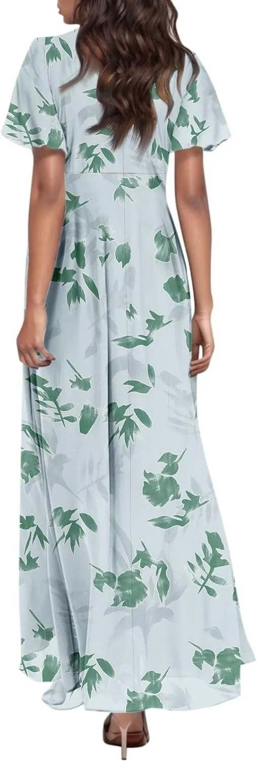 Summer Dresses for Women 2025,Wedding Guest Flowy Women's Casual Dresses Semi Formal Floral Maxi Dress Short Sleeve