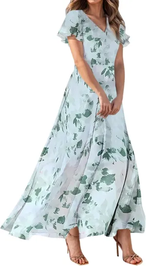 Summer Dresses for Women 2025,Wedding Guest Flowy Women's Casual Dresses Semi Formal Floral Maxi Dress Short Sleeve