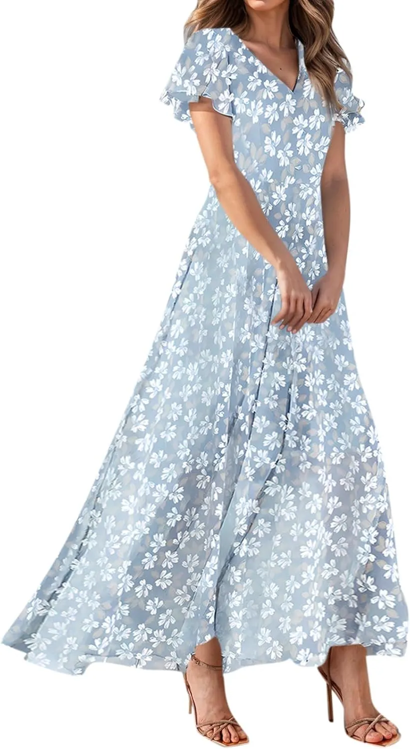 Summer Dresses for Women 2025,Wedding Guest Flowy Women's Casual Dresses Semi Formal Floral Maxi Dress Short Sleeve