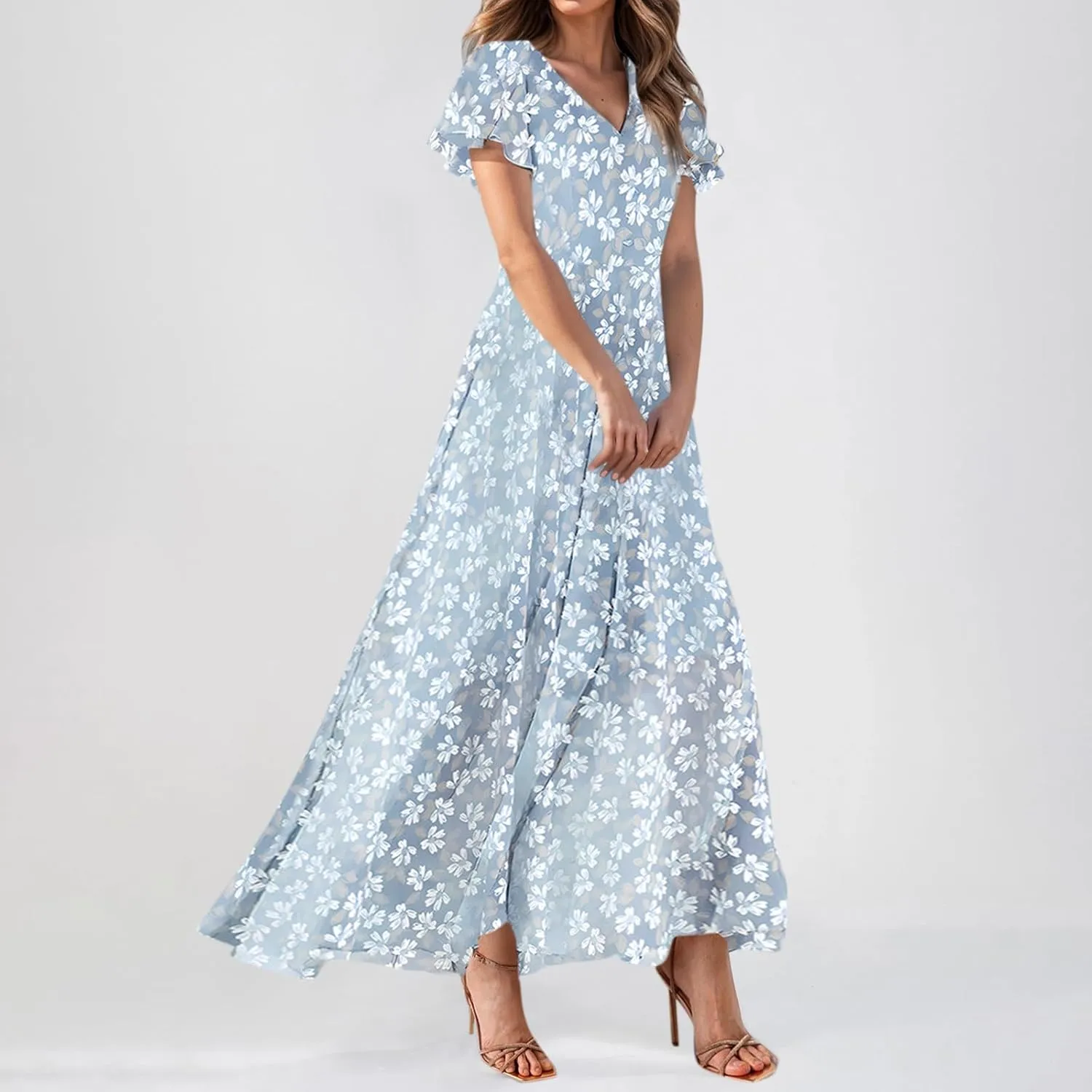 Summer Dresses for Women 2025,Wedding Guest Flowy Women's Casual Dresses Semi Formal Floral Maxi Dress Short Sleeve