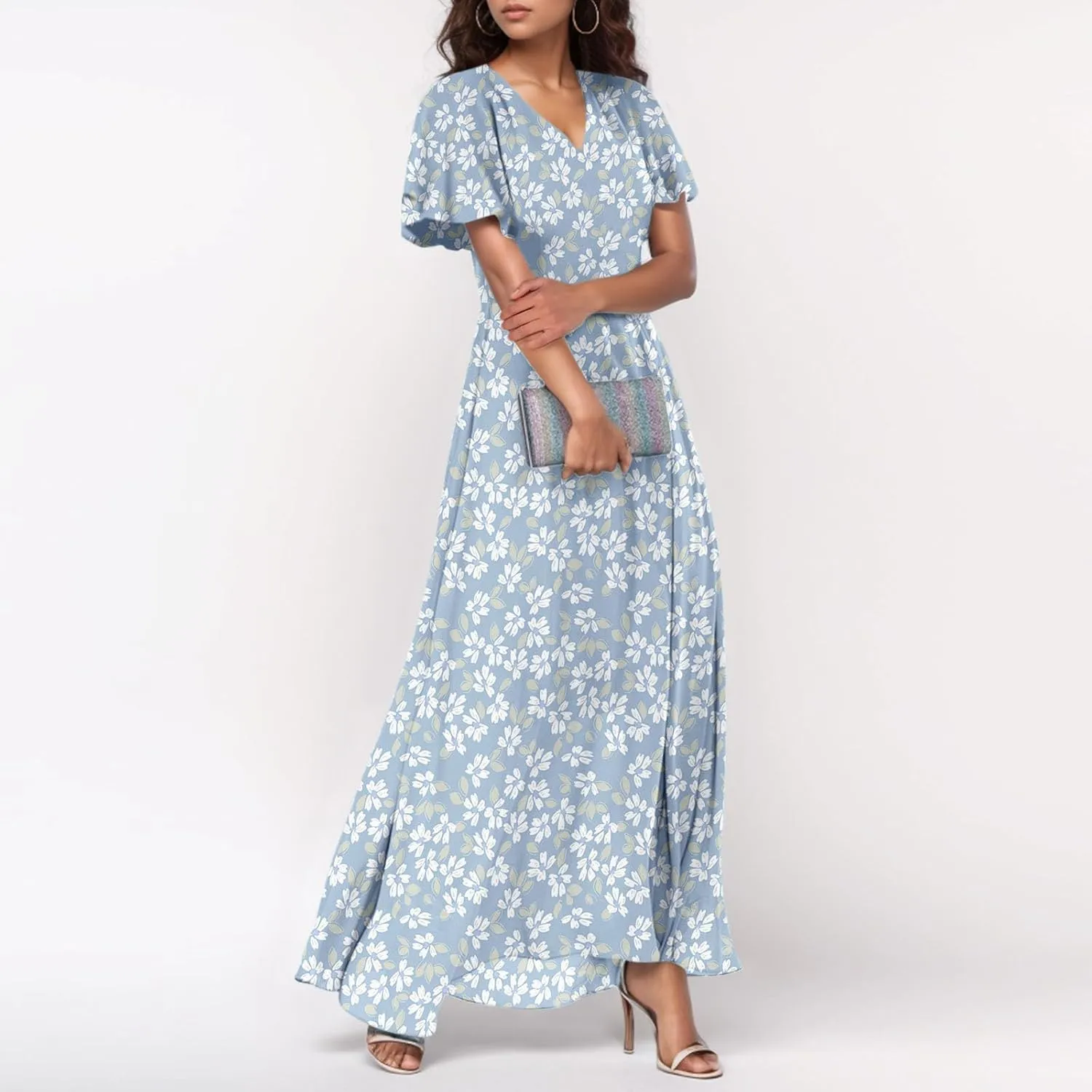 Summer Dresses for Women 2025,Wedding Guest Flowy Women's Casual Dresses Semi Formal Floral Maxi Dress Short Sleeve