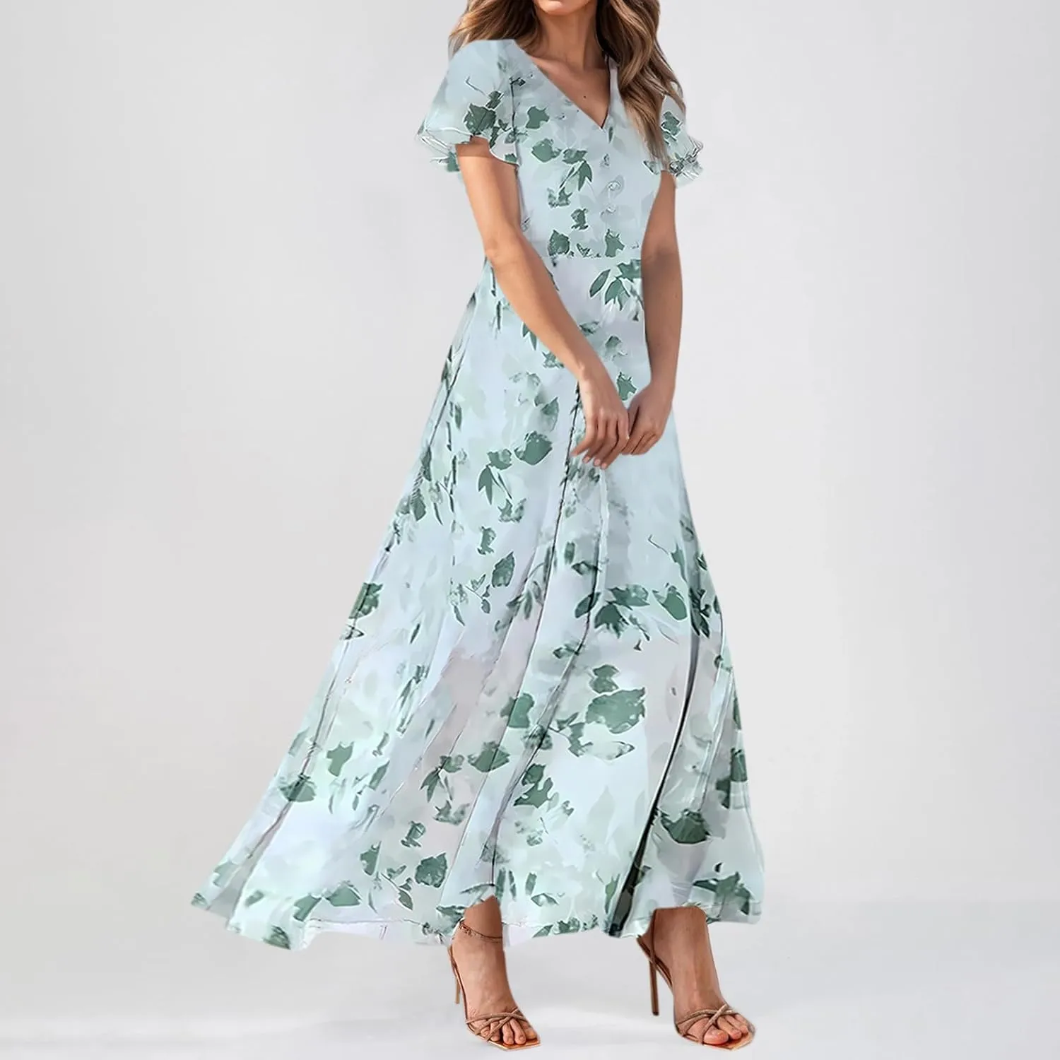 Summer Dresses for Women 2025,Wedding Guest Flowy Women's Casual Dresses Semi Formal Floral Maxi Dress Short Sleeve
