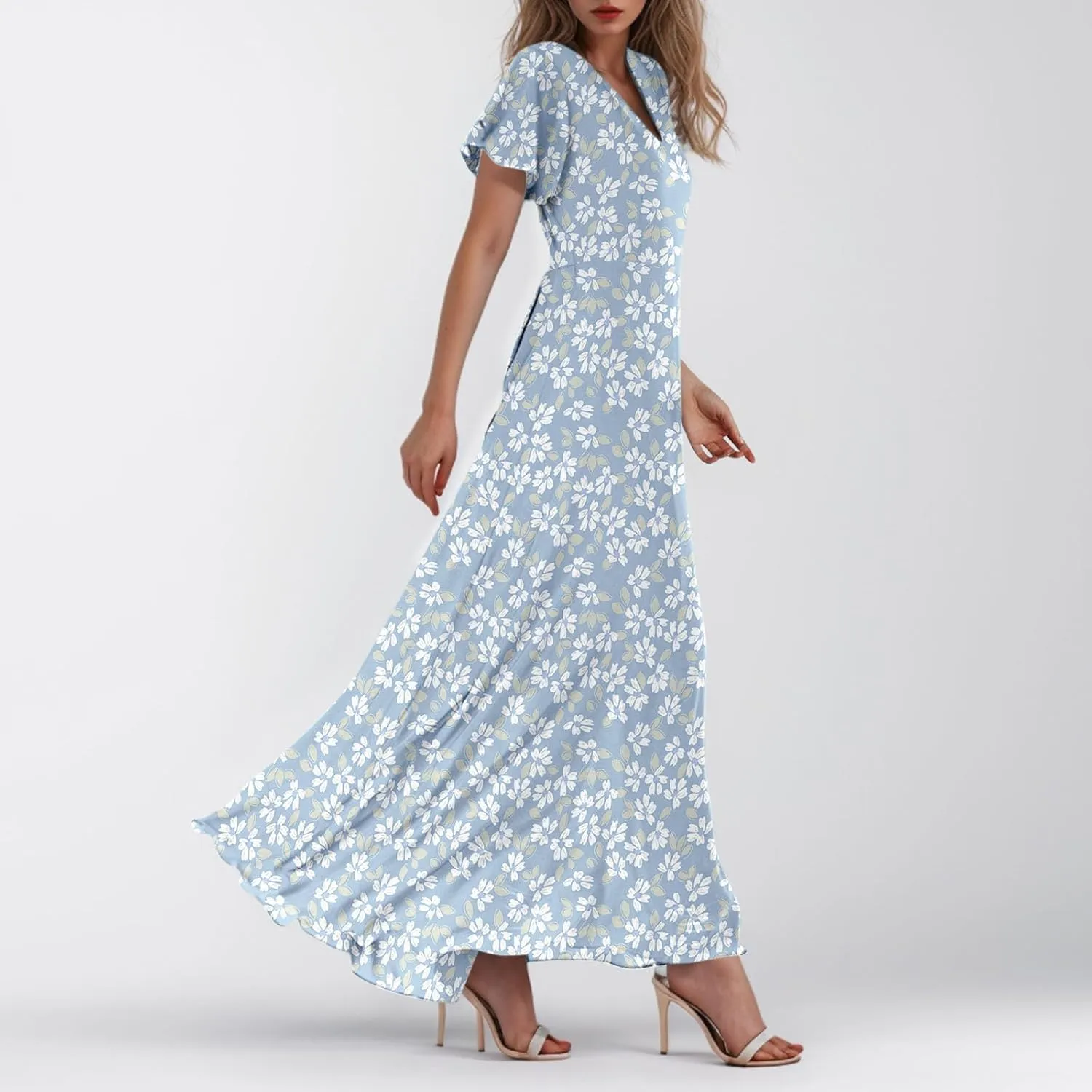 Summer Dresses for Women 2025,Wedding Guest Flowy Women's Casual Dresses Semi Formal Floral Maxi Dress Short Sleeve