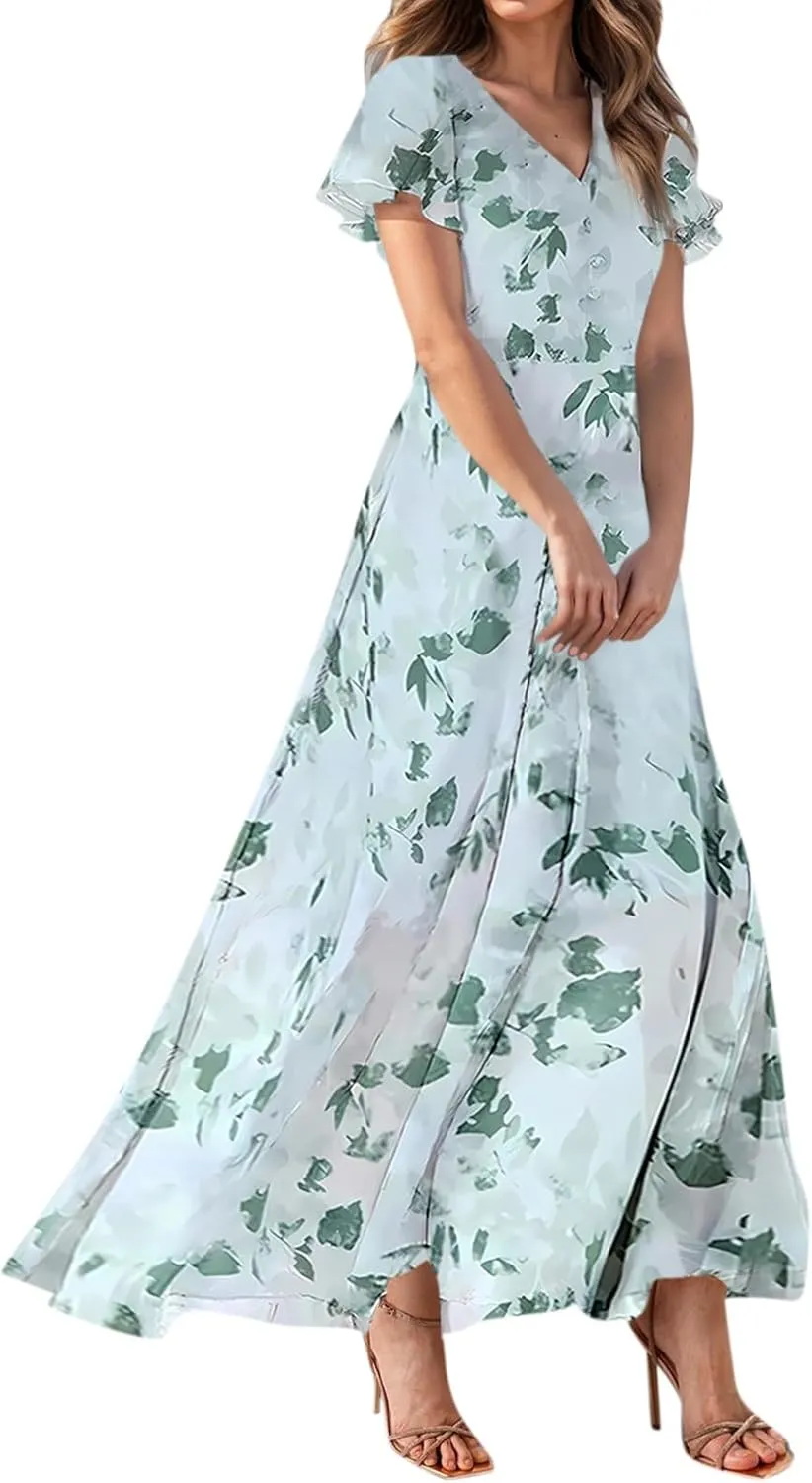 Summer Dresses for Women 2025,Wedding Guest Flowy Women's Casual Dresses Semi Formal Floral Maxi Dress Short Sleeve