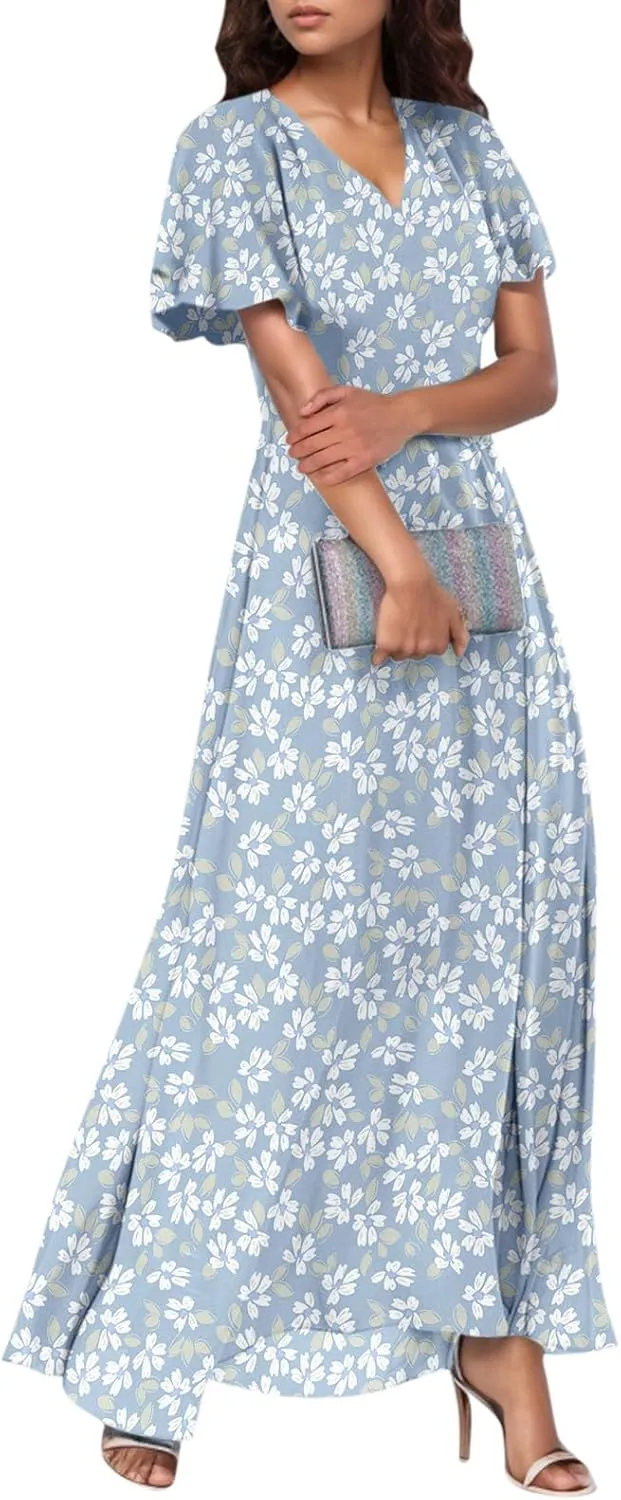 Summer Dresses for Women 2025,Wedding Guest Flowy Women's Casual Dresses Semi Formal Floral Maxi Dress Short Sleeve