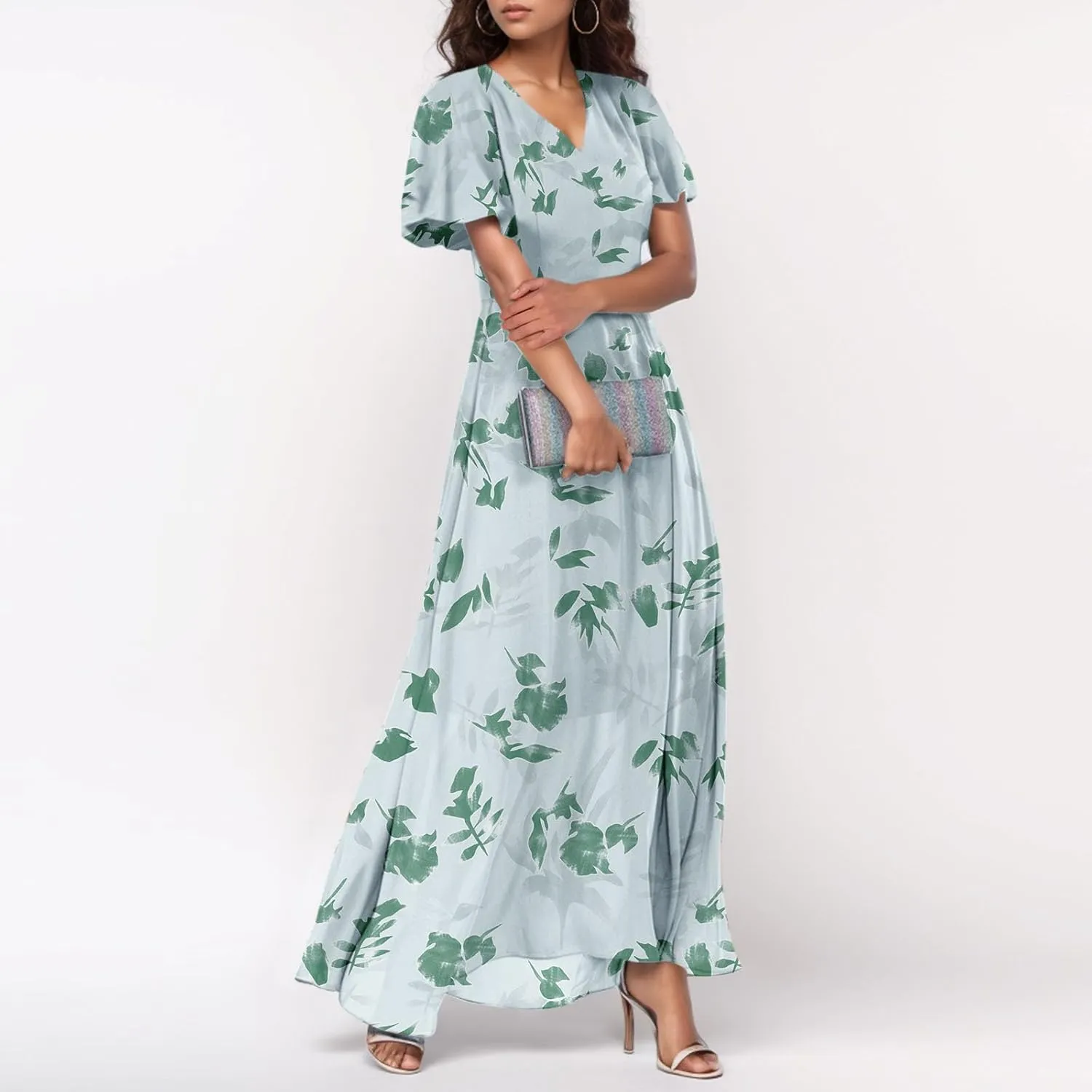 Summer Dresses for Women 2025,Wedding Guest Flowy Women's Casual Dresses Semi Formal Floral Maxi Dress Short Sleeve