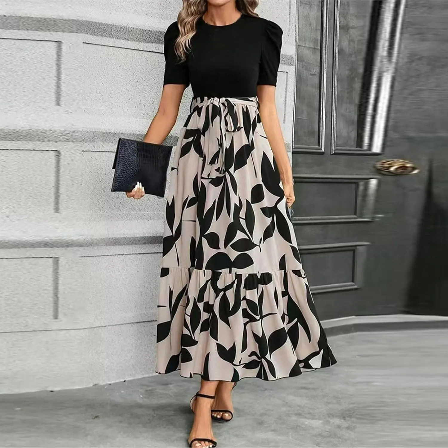 Summer Dresses for Women Casual A-Line Maxi Dress Elegant Flowy Long Dress High Waist Floral Printrd Dress with Belt