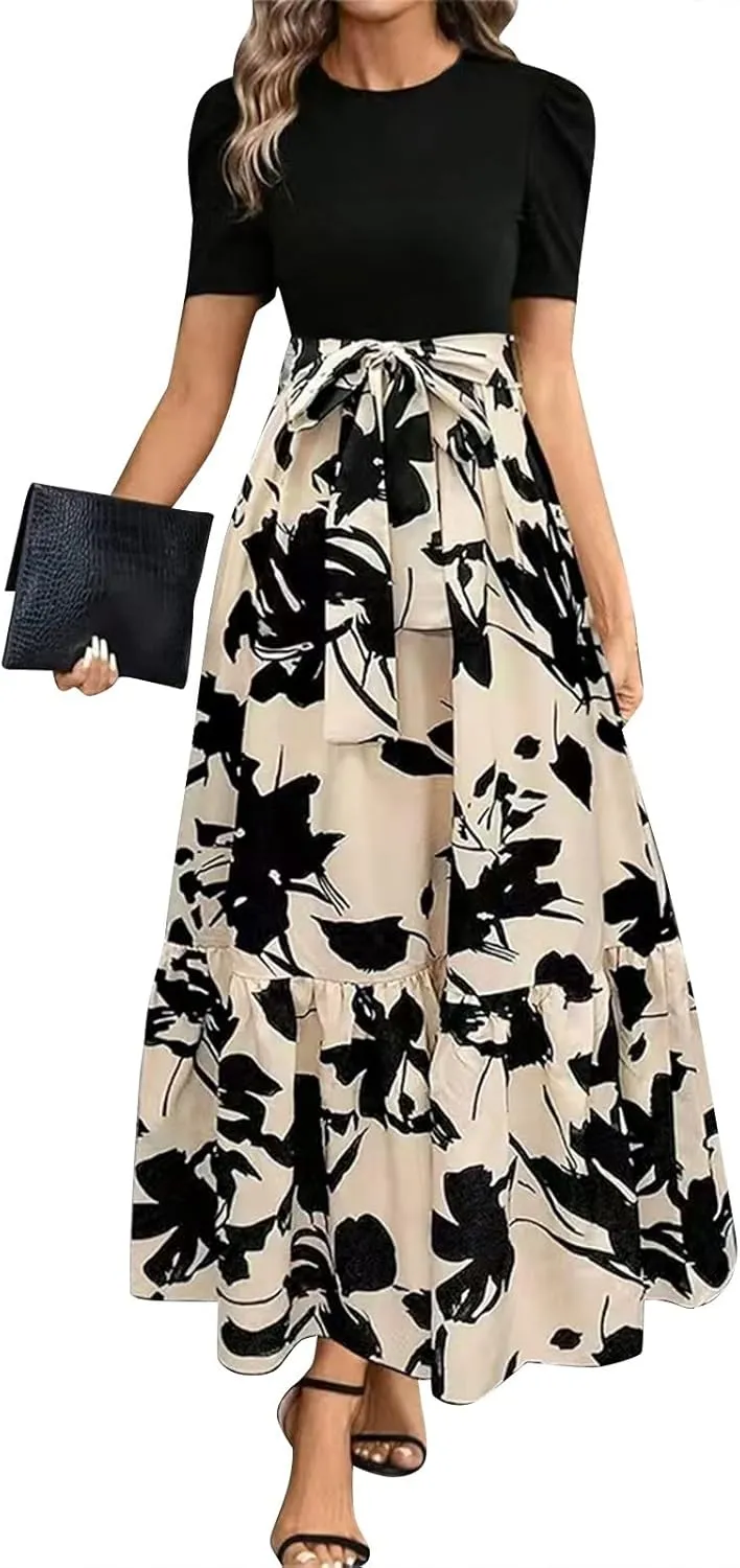 Summer Dresses for Women Casual A-Line Maxi Dress Elegant Flowy Long Dress High Waist Floral Printrd Dress with Belt