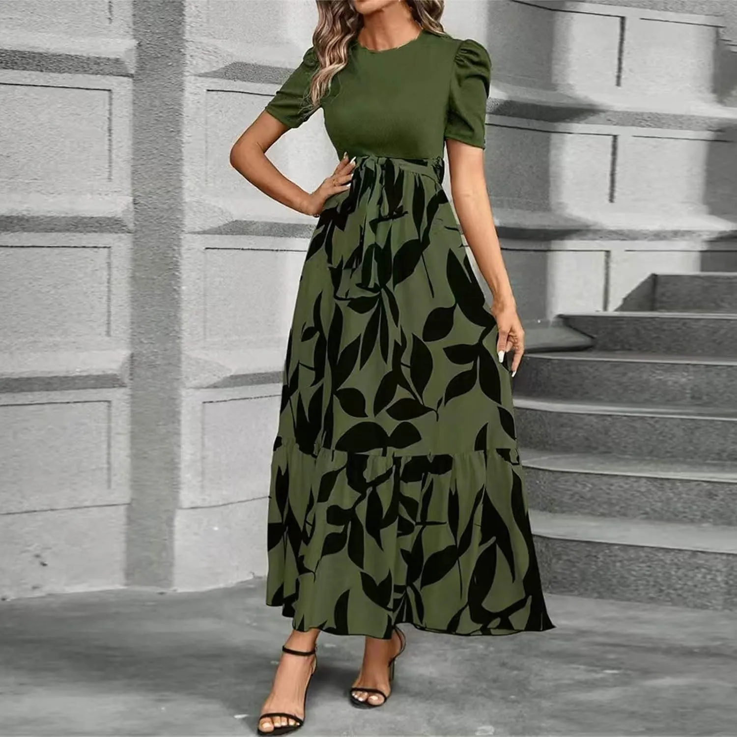 Summer Dresses for Women Casual A-Line Maxi Dress Elegant Flowy Long Dress High Waist Floral Printrd Dress with Belt