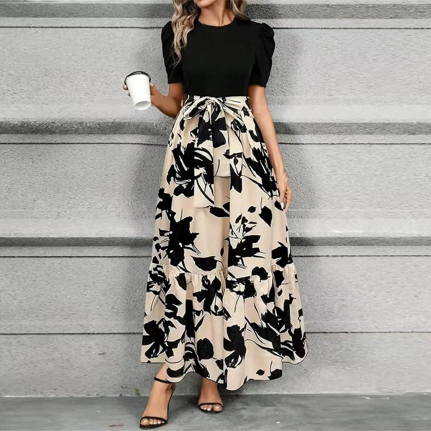 Summer Dresses for Women Casual A-Line Maxi Dress Elegant Flowy Long Dress High Waist Floral Printrd Dress with Belt