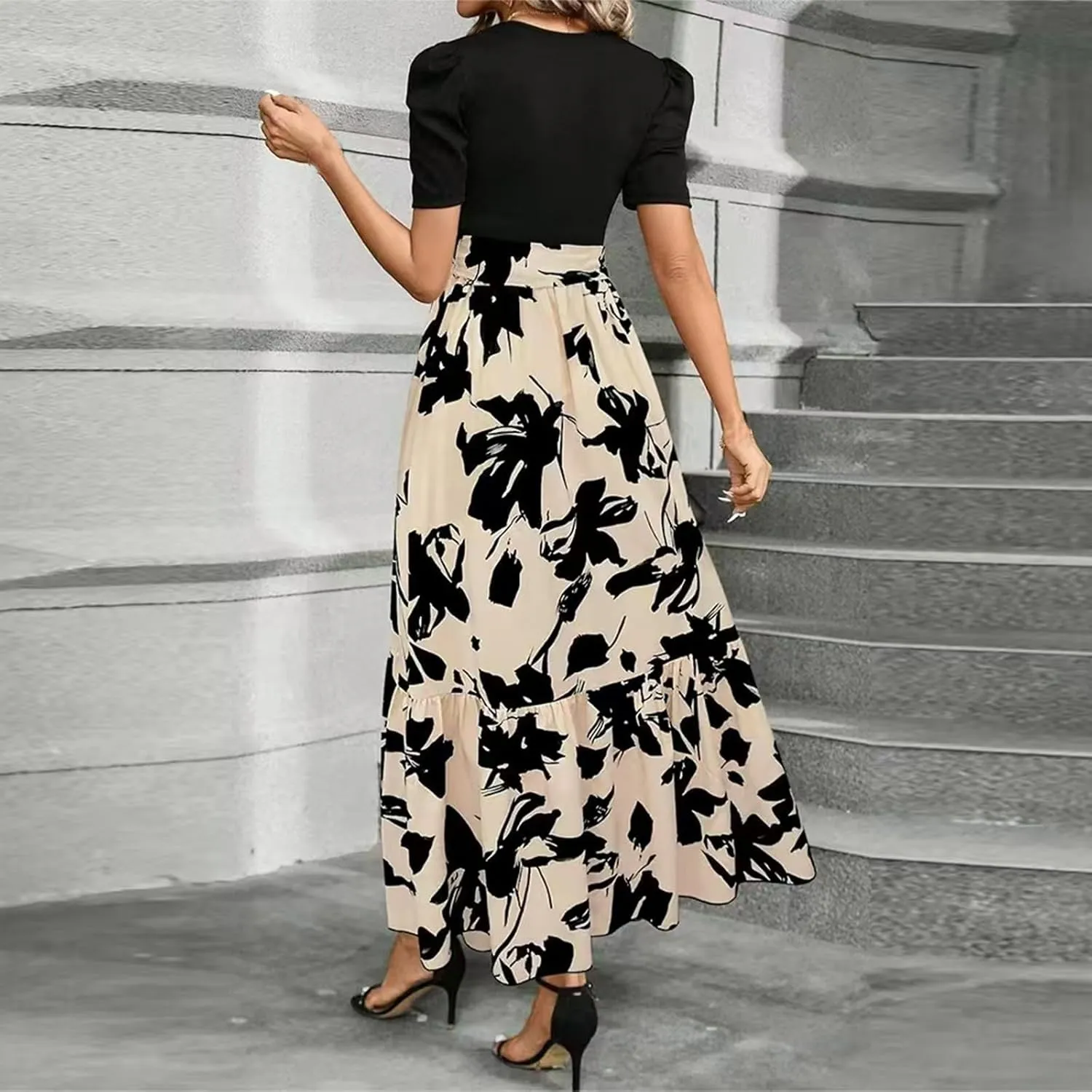 Summer Dresses for Women Casual A-Line Maxi Dress Elegant Flowy Long Dress High Waist Floral Printrd Dress with Belt