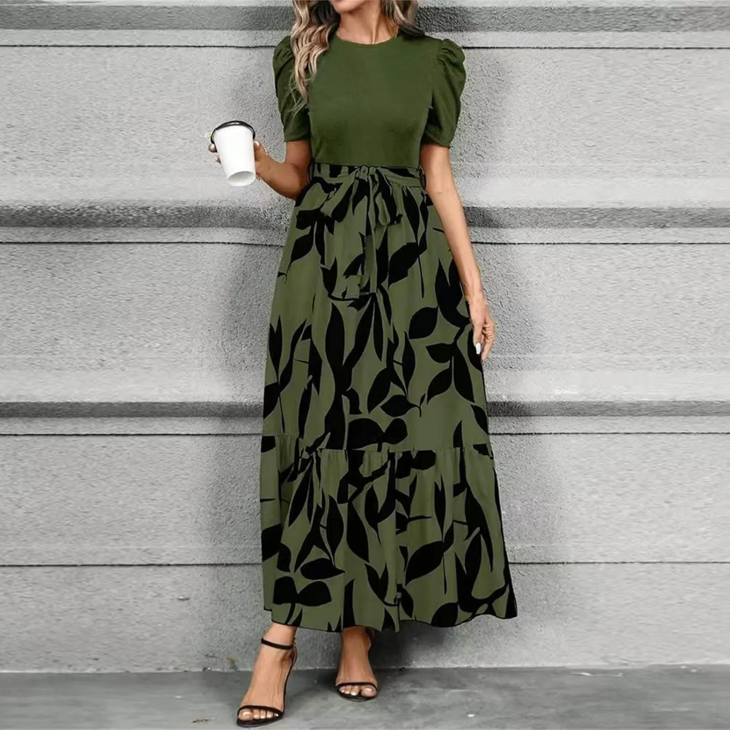 Summer Dresses for Women Casual A-Line Maxi Dress Elegant Flowy Long Dress High Waist Floral Printrd Dress with Belt